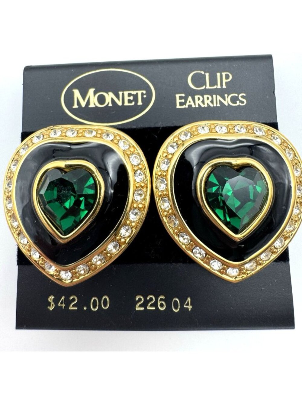 MONET Clip Earrings NOS, Heart Shape Emerald/Clear Rhinestones VTG 80, Pristine
